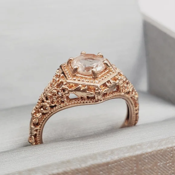 Genuine Round Morganite 14k Rose Gold - 925 Sterling Silver Filigree Floral Ring - Picture 7 of 8